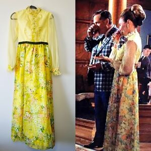 Vintage 1960's Party Time Maxi Floral Dress Size S Yellow Sheer Sleeves Ruffle